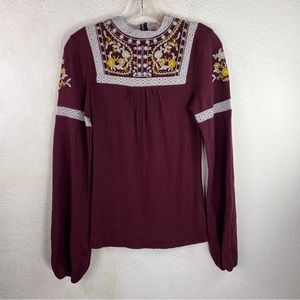 FREE PEOPLE BURGUNDY W/WHITE & YELLOW FLOWER EMBROIDERY TOP